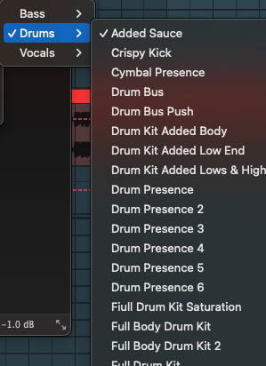 FabFilter Saturn 2 Drums preset folder showing Stylus Sound Tools saturation and distortion presets.